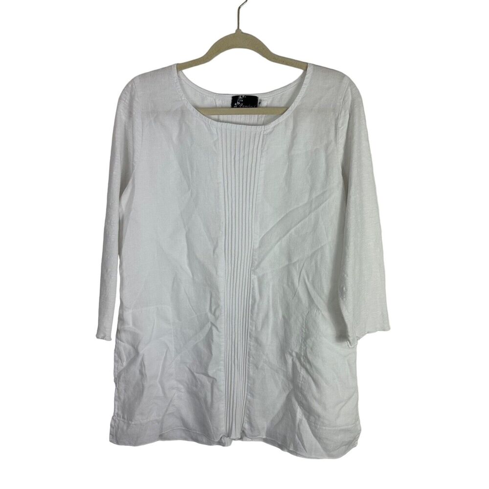 Fenini‎ Vintage Women's Top White 100% Linen Small Clean Girl Pullover Pockets